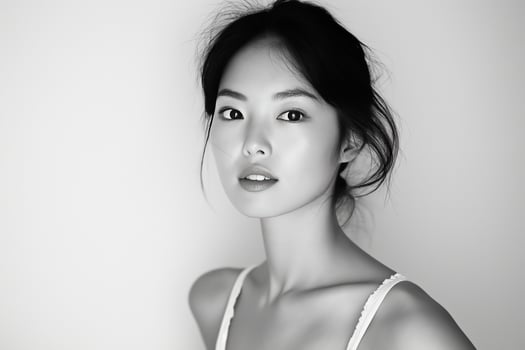 Korean woman with graceful features and expressive gaze in studio photo