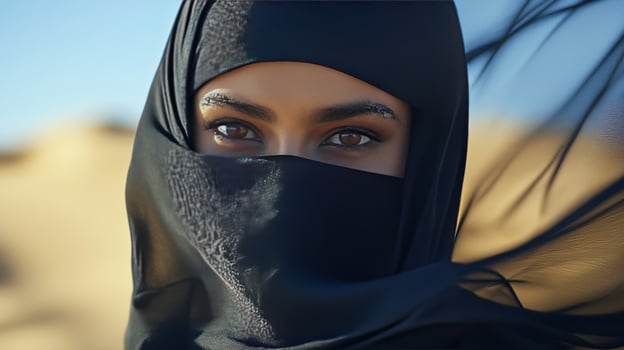 Woman in traditional attire stands confidently in desert landscape photo