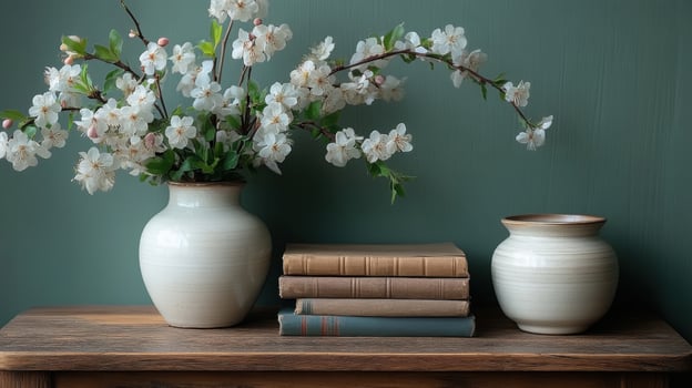 Blooming cherry blossoms in decorative vases next to vintage books on rustic wooden shelf photo