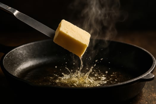 Warm golden butter sizzling in rustic cast iron skillet photo