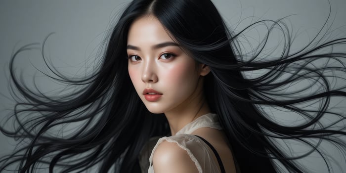 Chic Asian Woman with Perfect Hair, Haircare Branding Image. photo