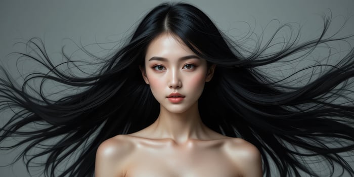 Gorgeous Asian Woman with Silky Black Hair, Beauty Campaign Visual. photo