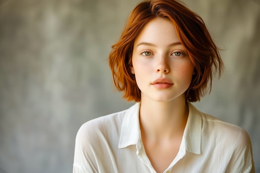 Neutral studio portrait of a young woman with red hair, natural freckles, and a soft expression, wearing a white shirt and set against a muted background photo