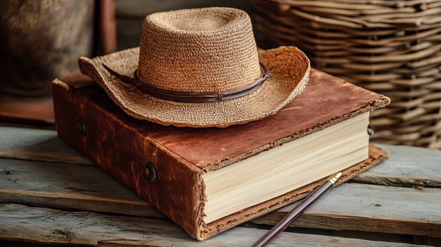 A hat and book on a wooden table photo