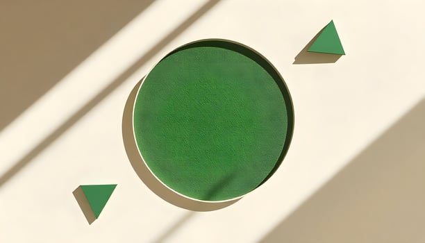A green circular mirror on a wall with a triangle shape photo