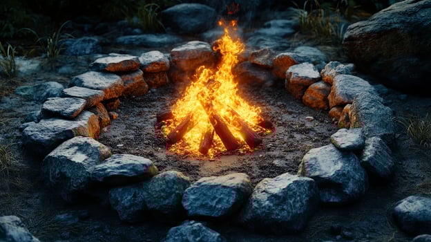 Serene Outdoor Fire Pit with Rocks and Grass photo