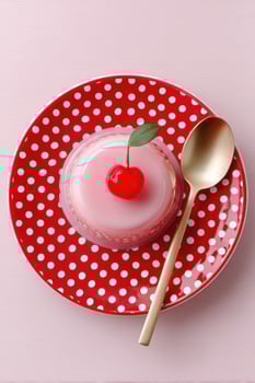 Pink jelly dessert with cherry topping on red and white polka dot plate photo