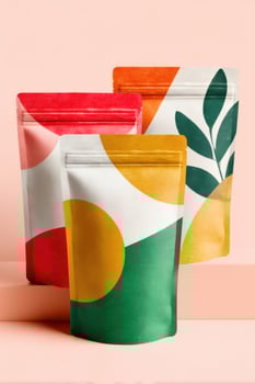 Colorful resealable stand-up pouches showcasing modern packaging design photo