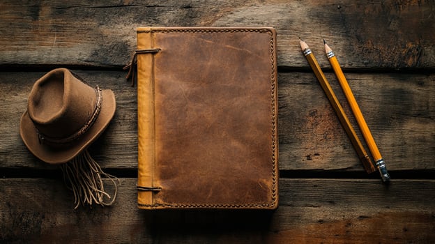 A leather journal, hat, and pencils on a wooden table photo
