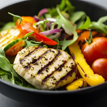 Grilled chicken fillet with vegetable salad in black bowl, closeup. Vivid colors, selective focus photo
