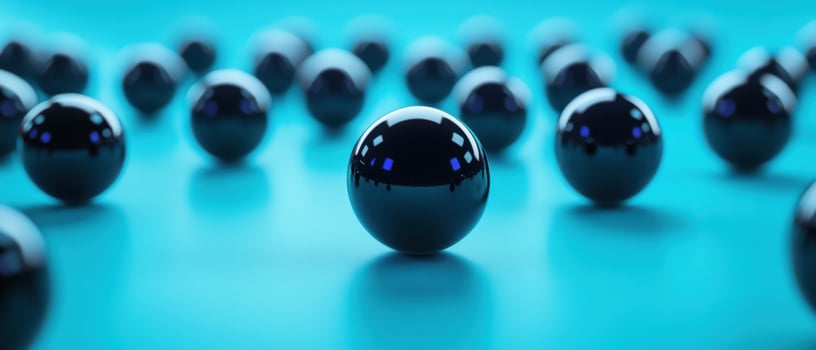 Abstract arrangement of dark glossy spheres on a vibrant blue surface, creating a modern and futuristic background with depth and reflection Concept of technology, science, and innovation photo