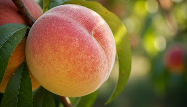 Peach on tree with ripe fruit and vibrant red yellow hues surrounded by lush green leaves photo