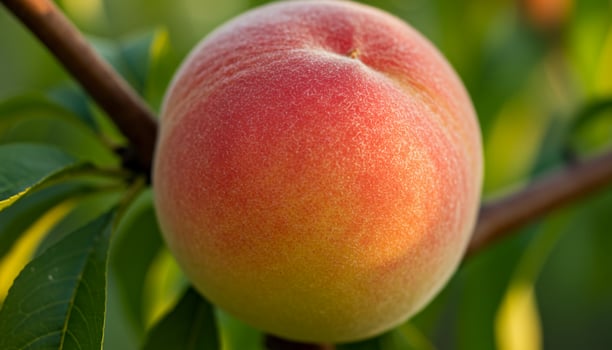 Peach on tree with ripe fruit hanging among fresh green leaves in natural orchard photo