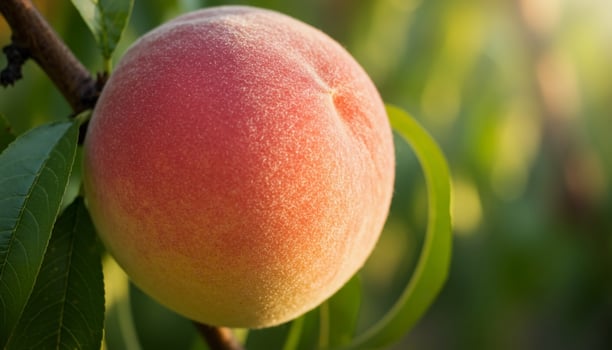 Peach on tree with ripe fruit hanging among lush green leaves under natural sunlight photo