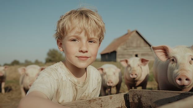 Blonde caucasian child with pigs on farm - rural life experience photo