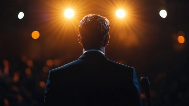 Politician giving speech on stage during political meeting photo