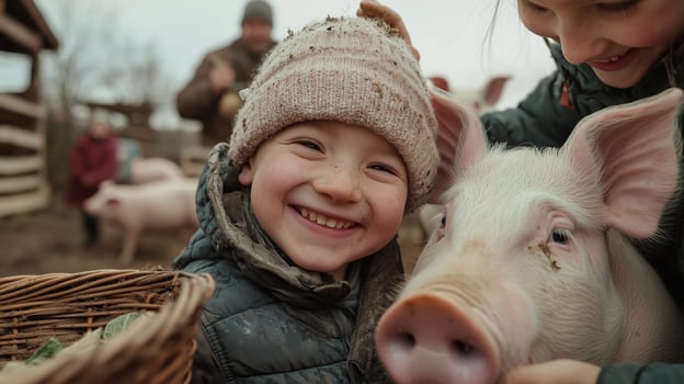 Joyful child embracing pig on rustic farm day photo