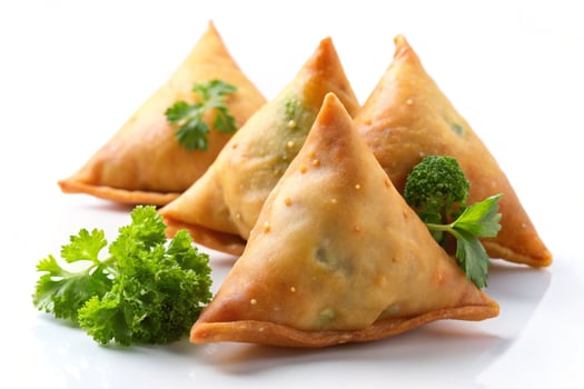 crispy golden brown samosas stuffed with vegetables, garnished with fresh herbs, served on a white background photo