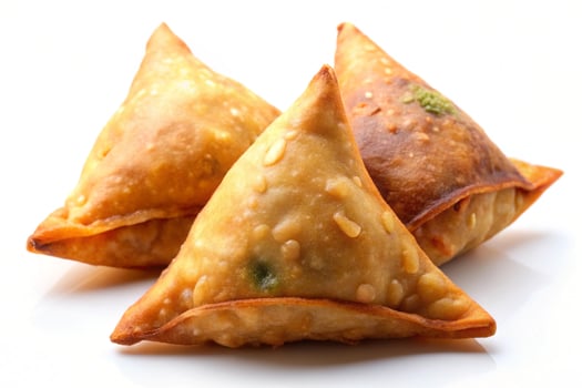 Deliciously fried vegetable samosas with a crunchy golden brown exterior, garnished with fresh herbs, served on a clean white surface photo