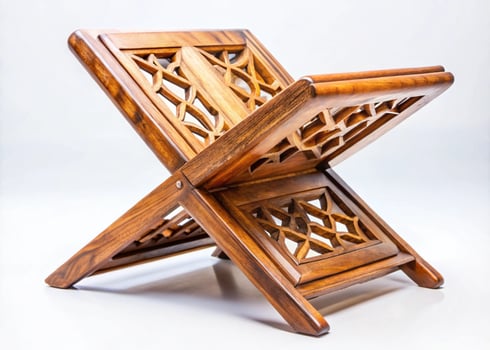 Handcrafted wooden rehal book stand with intricate carvings on a white background, perfect for reading and Islamic culture decoration photo