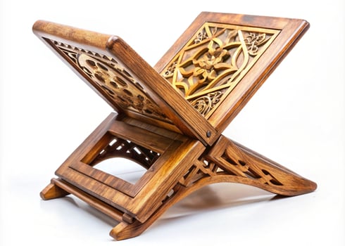 Decorative wooden rehal stand featuring intricate carvings and a sturdy frame, perfect for displaying religious books or art pieces photo