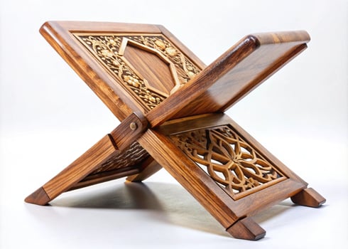 Elegant wooden rehal book stand with intricate geometric patterns, an essential item for displaying books or art in a sophisticated setting photo
