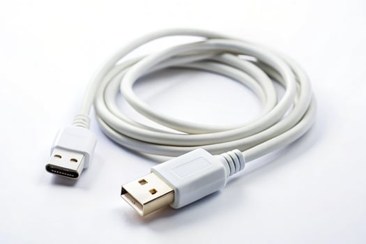 Modern USB charger with a white Type C cable, ideal for powering mobile phones and electronics, isolated against a neutral background photo