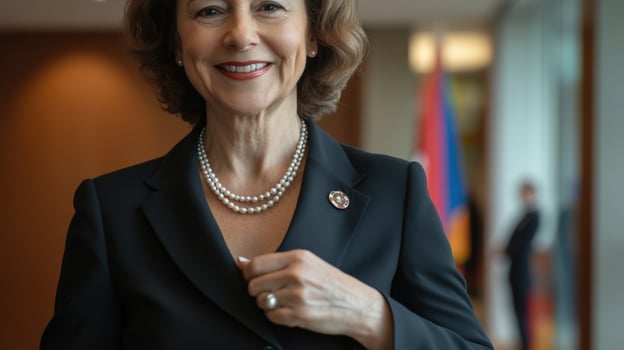 Smiling politician wearing suit and pearl necklace posing in office photo