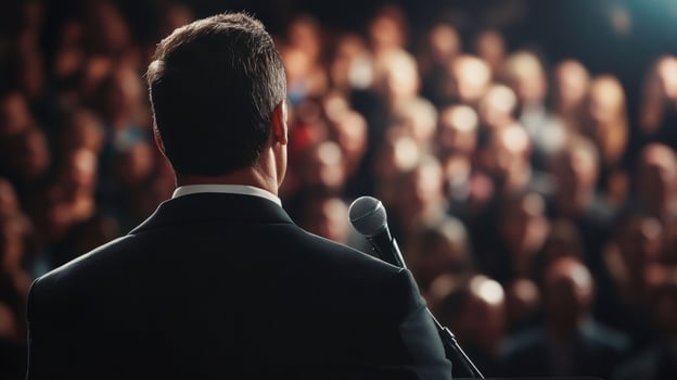 Politician giving speech to large audience at conference photo