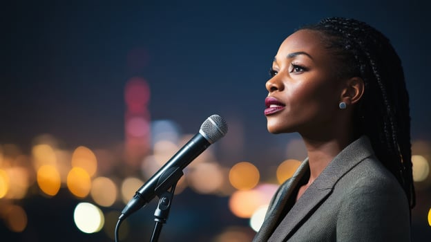 Politician delivering inspiring speech at night rally in city photo