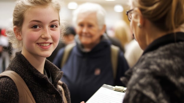 Young girl activist collecting signatures for petition at political rally photo