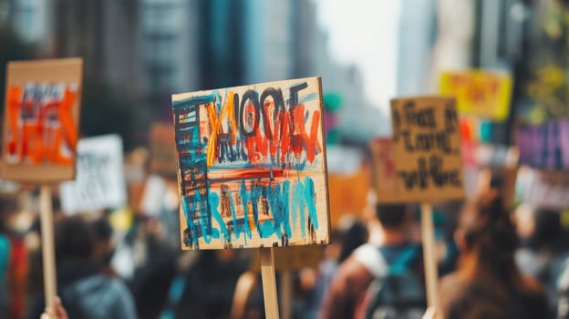 Protesters raising signs and marching for political change photo