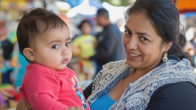 Mother holding her baby smiling in a public demonstration for political rights photo