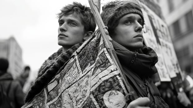 Two young activists holding protest signs at political demonstration photo