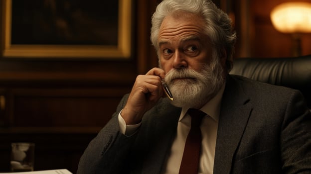 Politician holding pen and looking thoughtful in office photo