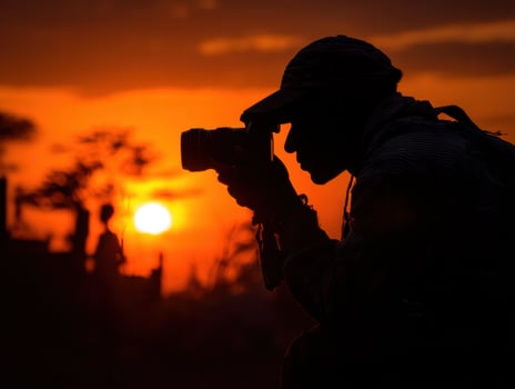 silhouette of photographer capturing stunning sunset, showcasing beauty of nature and art of photography. scene evokes sense of creativity and inspiration photo