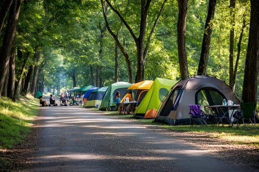 Campers enjoying camping in tents along forest road photo