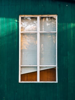 Beautiful and Charming Green Wooden Window Featuring Blinds photo