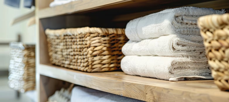 Organized Closet Shelf with Neatly Folded Towels and Natural Lighting for Home Interiors photo