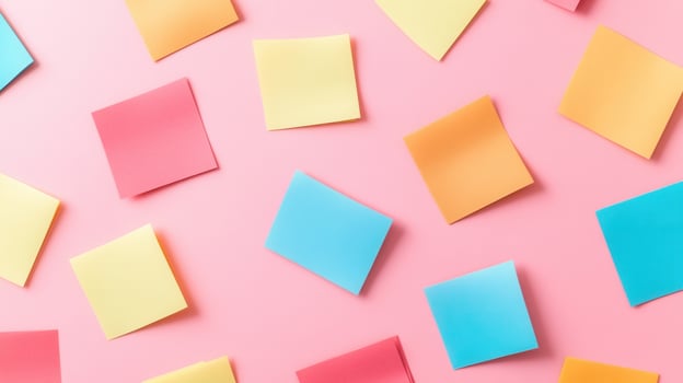 Colorful sticky notes on pink background photo