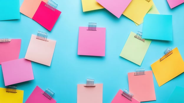 Colorful sticky notes on blue background photo