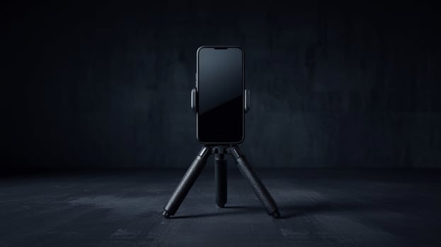 A minimalistic shot of a smartphone mounted on a small tripod against a dark background setting photo