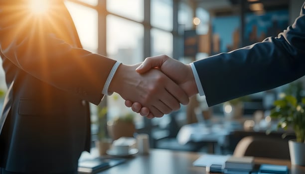 Business Handshake Deal Agreement in Modern Office with Sun Flare photo