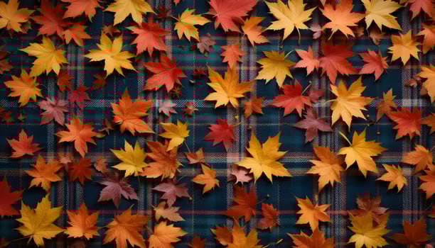 Autumn Maple Leaves Scattered on Cozy Plaid Fabric Background Scene photo