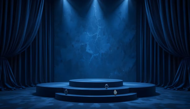 Elegant blue stage with velvet curtains and spotlight for product display photo