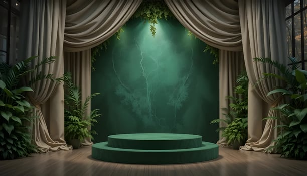 Elegant Green Product Display Podium with Curtains and Plant Decor photo