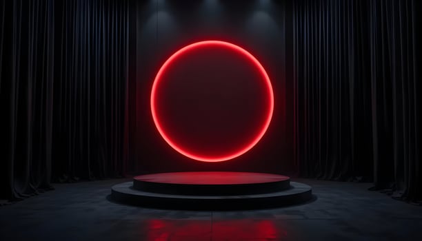Empty Stage with Red Circle Light and Dark Curtains Backdrop photo