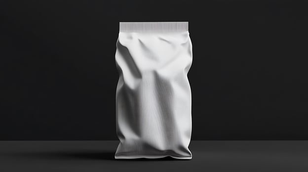 A vertical white pouch stands alone on a dark surface photo