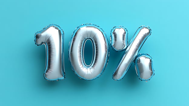 Silver foil balloons spell out a ten percent discount. photo