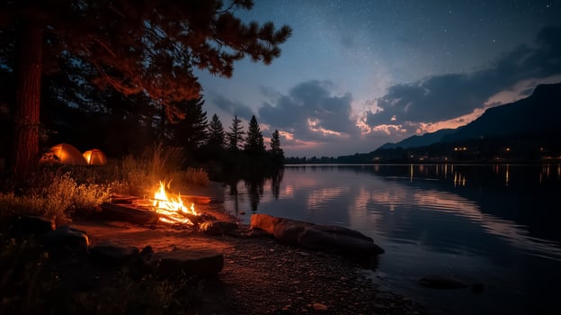 Campfire at night on the shore of a lake photo
